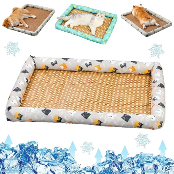 Pet Ice Pad Mat Washable Cooling Pets Ice Pad Rattan Mat Nest,Summer Pet Woven Breathable Square Mat Sleeping Pad with Pillow for Dogs Cats