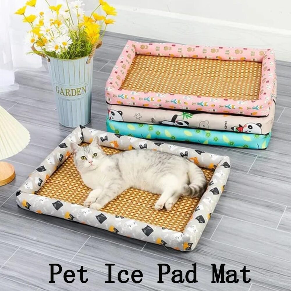 Pet Ice Pad Mat Washable Cooling Pets Ice Pad Rattan Mat Nest,Summer Pet Woven Breathable Square Mat Sleeping Pad with Pillow for Dogs Cats - Image 3