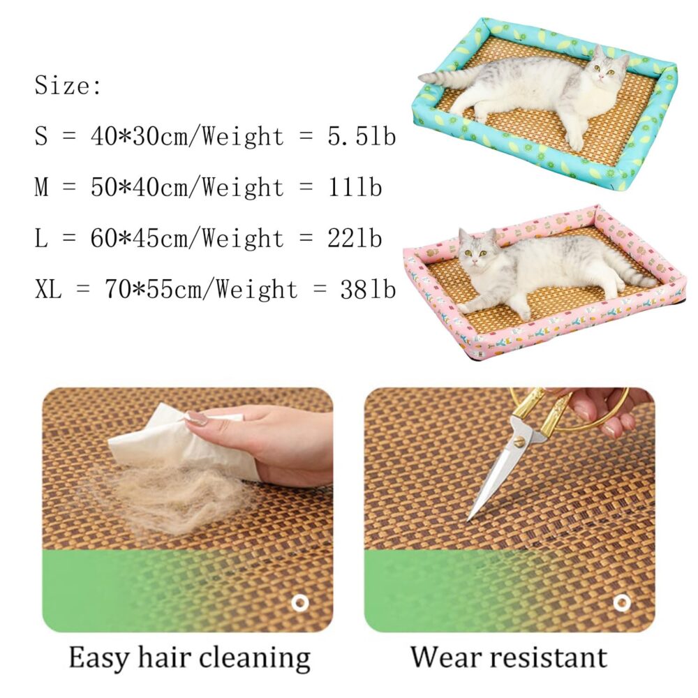 Pet Ice Pad Mat Washable Cooling Pets Ice Pad Rattan Mat Nest,Summer Pet Woven Breathable Square Mat Sleeping Pad with Pillow for Dogs Cats - Image 7