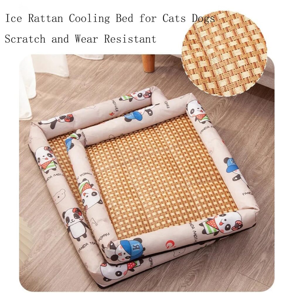 Pet Ice Pad Mat Washable Cooling Pets Ice Pad Rattan Mat Nest,Summer Pet Woven Breathable Square Mat Sleeping Pad with Pillow for Dogs Cats - Image 8