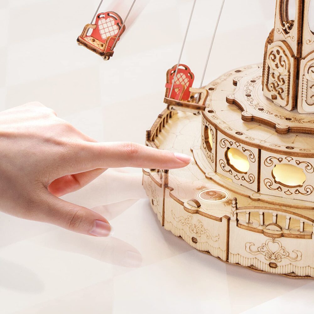 3D Puzzles Wooden Music Box Kit with LED Rotating Swing Ride Mechanical Model Kit DIY Wood Craft Hobbies Kit - Image 6