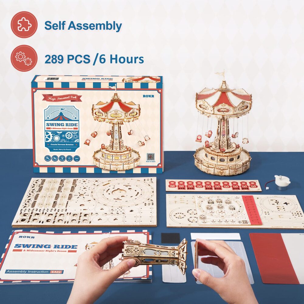 3D Puzzles Wooden Music Box Kit with LED Rotating Swing Ride Mechanical Model Kit DIY Wood Craft Hobbies Kit - Image 7