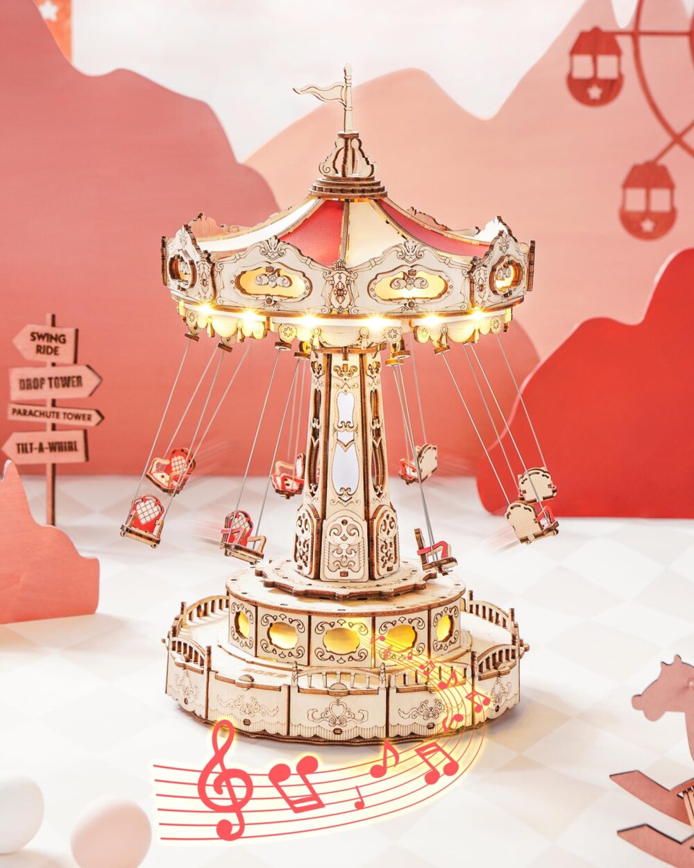 3D Puzzles Wooden Music Box Kit with LED Rotating Swing Ride Mechanical Model Kit DIY Wood Craft Hobbies Kit