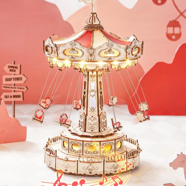 3D Puzzles Wooden Music Box Kit with LED Rotating Swing Ride Mechanical Model Kit DIY Wood Craft Hobbies Kit