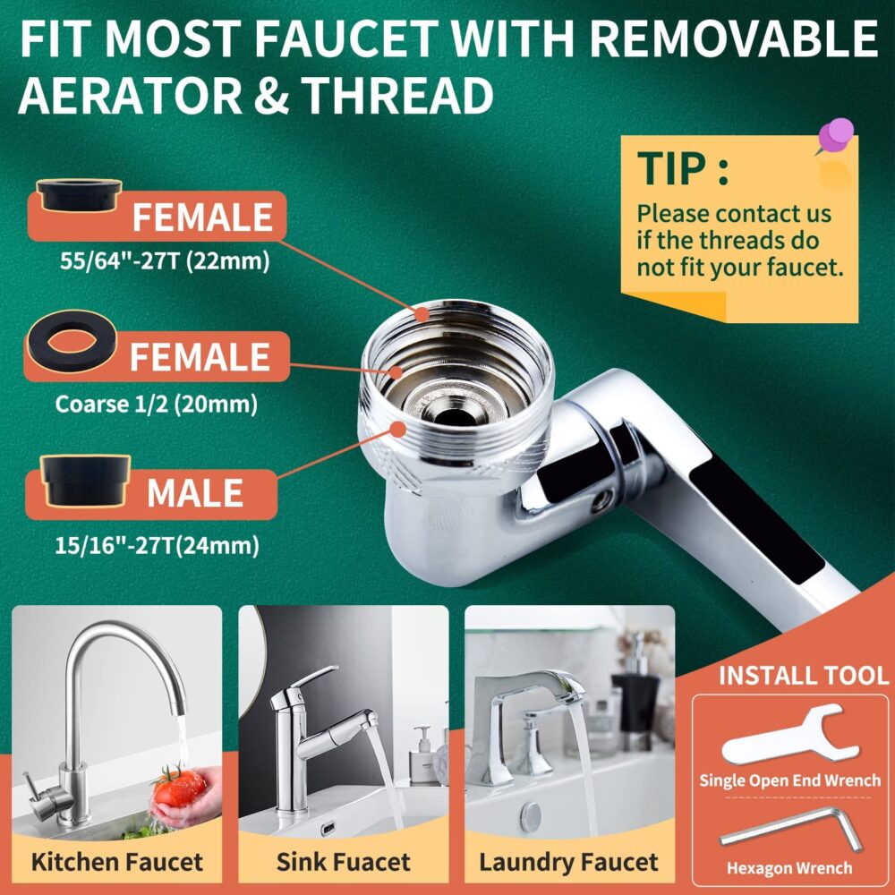 1080° Swivel Faucet Extender Sink-Aerator - 2 Mode Splash Water Filter Extension, Kitchen Bathroom - Image 5
