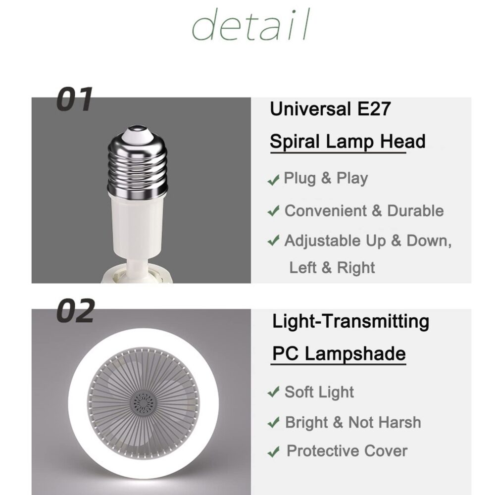 Adjustable Led Ceiling Fan Light E27 Modern Fan Lamp 360° Swing Head Living Room - Image 2