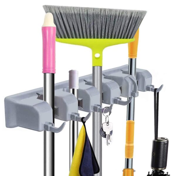 Mop and Broom Holder Wall Mount Heavy Duty Broom Holder Wall Mounted or Tool Organizer (5 Positions with 6 Hooks)