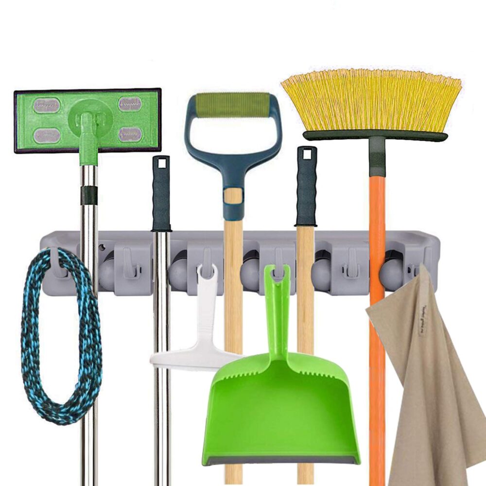 Mop and Broom Holder Wall Mount Heavy Duty Broom Holder Wall Mounted or Tool Organizer (5 Positions with 6 Hooks) - Image 3