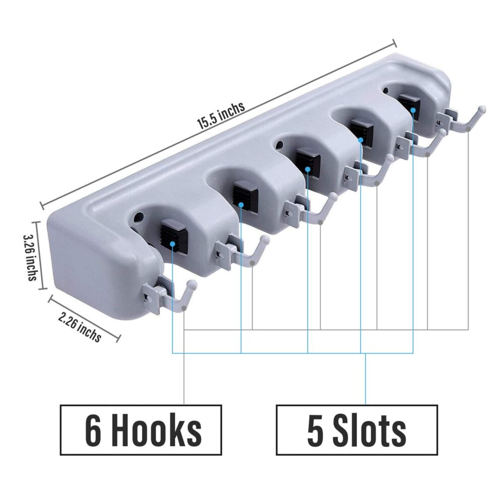 Mop and Broom Holder Wall Mount Heavy Duty Broom Holder Wall Mounted or Tool Organizer (5 Positions with 6 Hooks) - Image 4