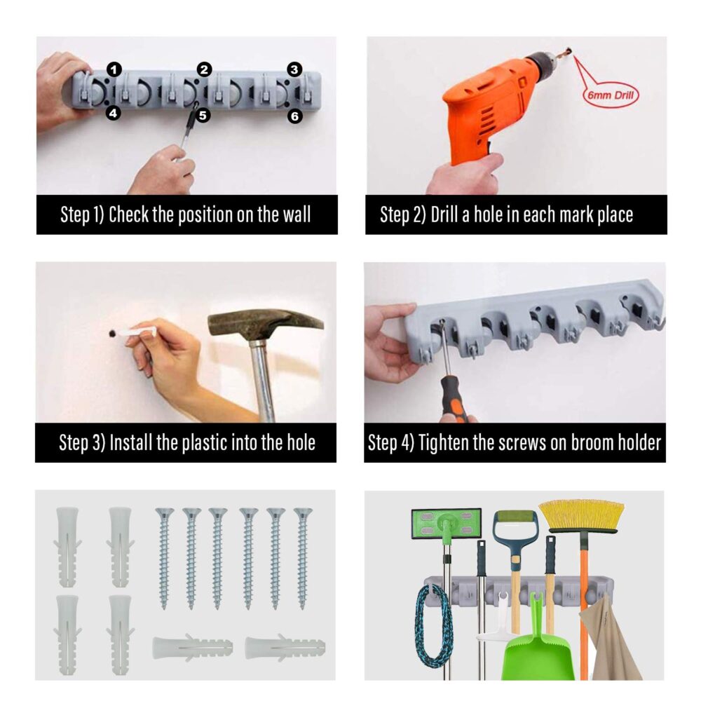 Mop and Broom Holder Wall Mount Heavy Duty Broom Holder Wall Mounted or Tool Organizer (5 Positions with 6 Hooks) - Image 5