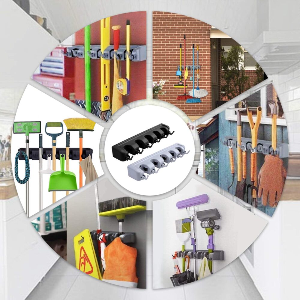 Mop and Broom Holder Wall Mount Heavy Duty Broom Holder Wall Mounted or Tool Organizer (5 Positions with 6 Hooks) - Image 6