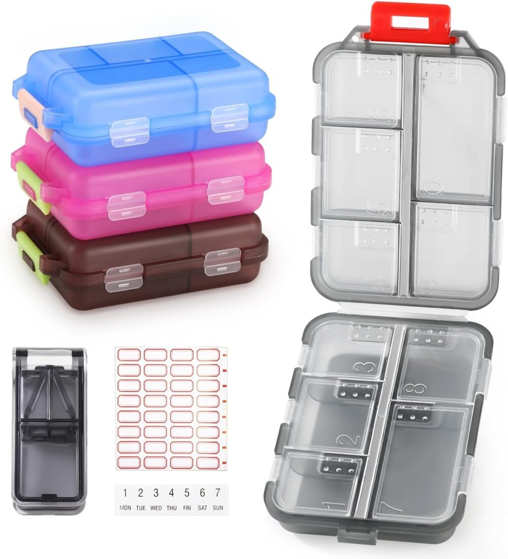 4-Pack Travel Pill Organizer Portable Pill Case 10 Compartments Small Pill Box Pocket Pharmacy with Labels and Pill Cutter