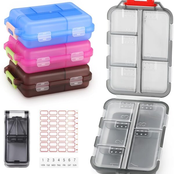 4-Pack Travel Pill Organizer Portable Pill Case 10 Compartments Small Pill Box Pocket Pharmacy with Labels and Pill Cutter