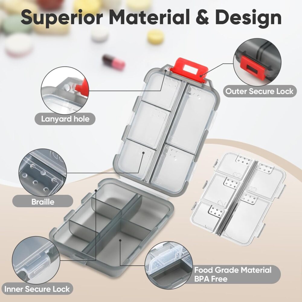 4-Pack Travel Pill Organizer Portable Pill Case 10 Compartments Small Pill Box Pocket Pharmacy with Labels and Pill Cutter - Image 4