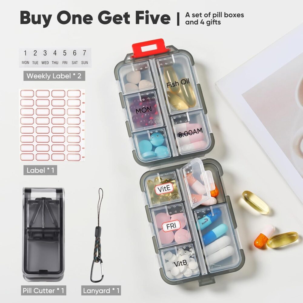 4-Pack Travel Pill Organizer Portable Pill Case 10 Compartments Small Pill Box Pocket Pharmacy with Labels and Pill Cutter - Image 5