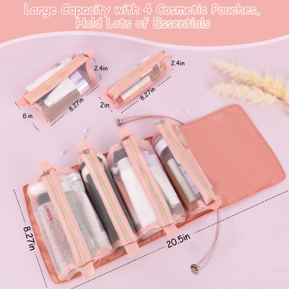 Travel Makeup Bag, Toiletry Bag Women Travelling Cosmetic Bag 4 in 1 Portable with Large Capacity, Detachable Makeup Pouch Case, Waterproof and Breathable Makeup Organizer - Image 3