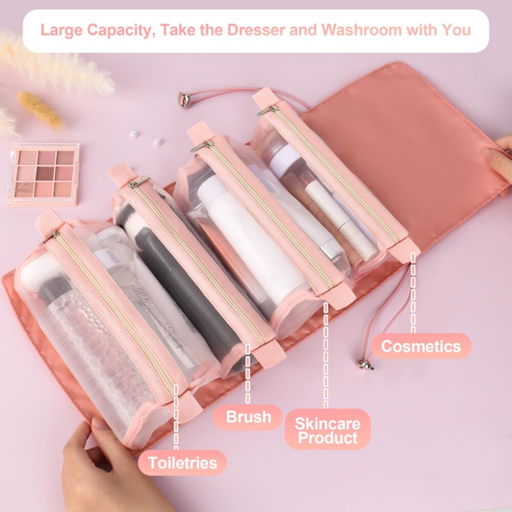 Travel Makeup Bag, Toiletry Bag Women Travelling Cosmetic Bag 4 in 1 Portable with Large Capacity, Detachable Makeup Pouch Case, Waterproof and Breathable Makeup Organizer - Image 5