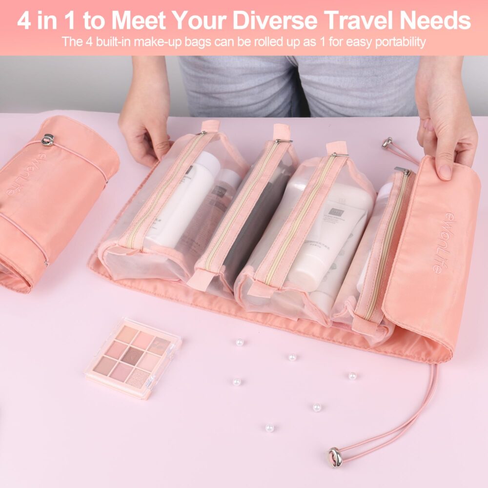 Travel Makeup Bag, Toiletry Bag Women Travelling Cosmetic Bag 4 in 1 Portable with Large Capacity, Detachable Makeup Pouch Case, Waterproof and Breathable Makeup Organizer - Image 6