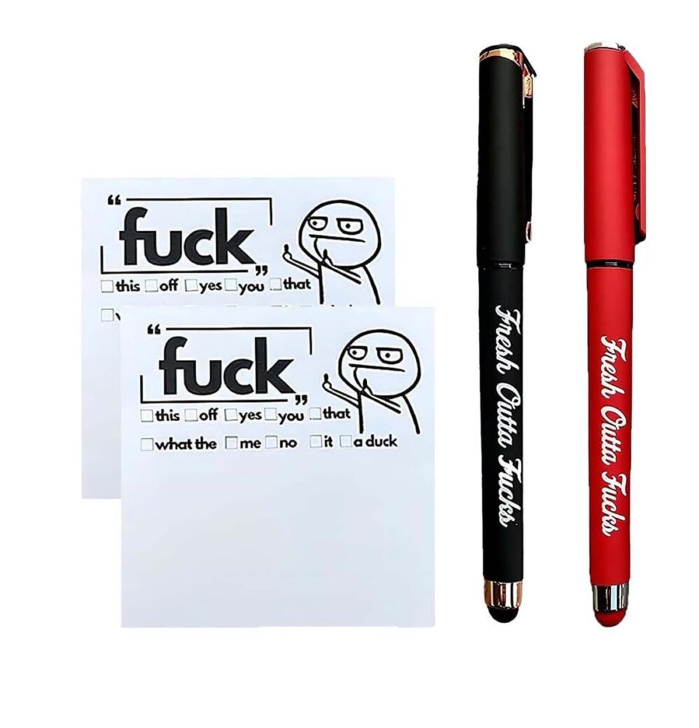 Fresh Outta Fucks Pad and Pen Funny Sticky Notes and Pen Set,White Elephant Gift, Novelty Pen, Funny Desk Accessory, Fun Gifts for Friends