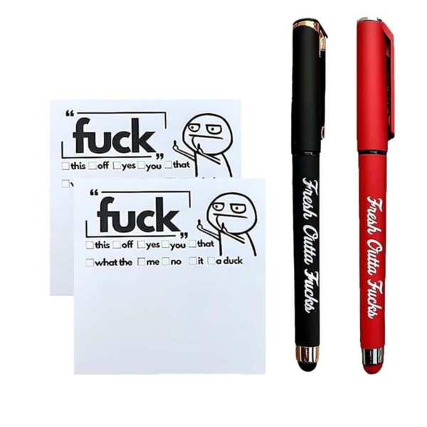 Fresh Outta Fucks Pad and Pen Funny Sticky Notes and Pen Set,White Elephant Gift, Novelty Pen, Funny Desk Accessory, Fun Gifts for Friends