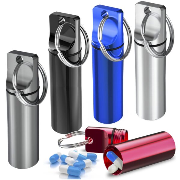Keychain Pill Holder (5 Pack) Aluminum Waterproof Portable Small Travel Medicine Bottle Case Box Container Mini Metal Capsule