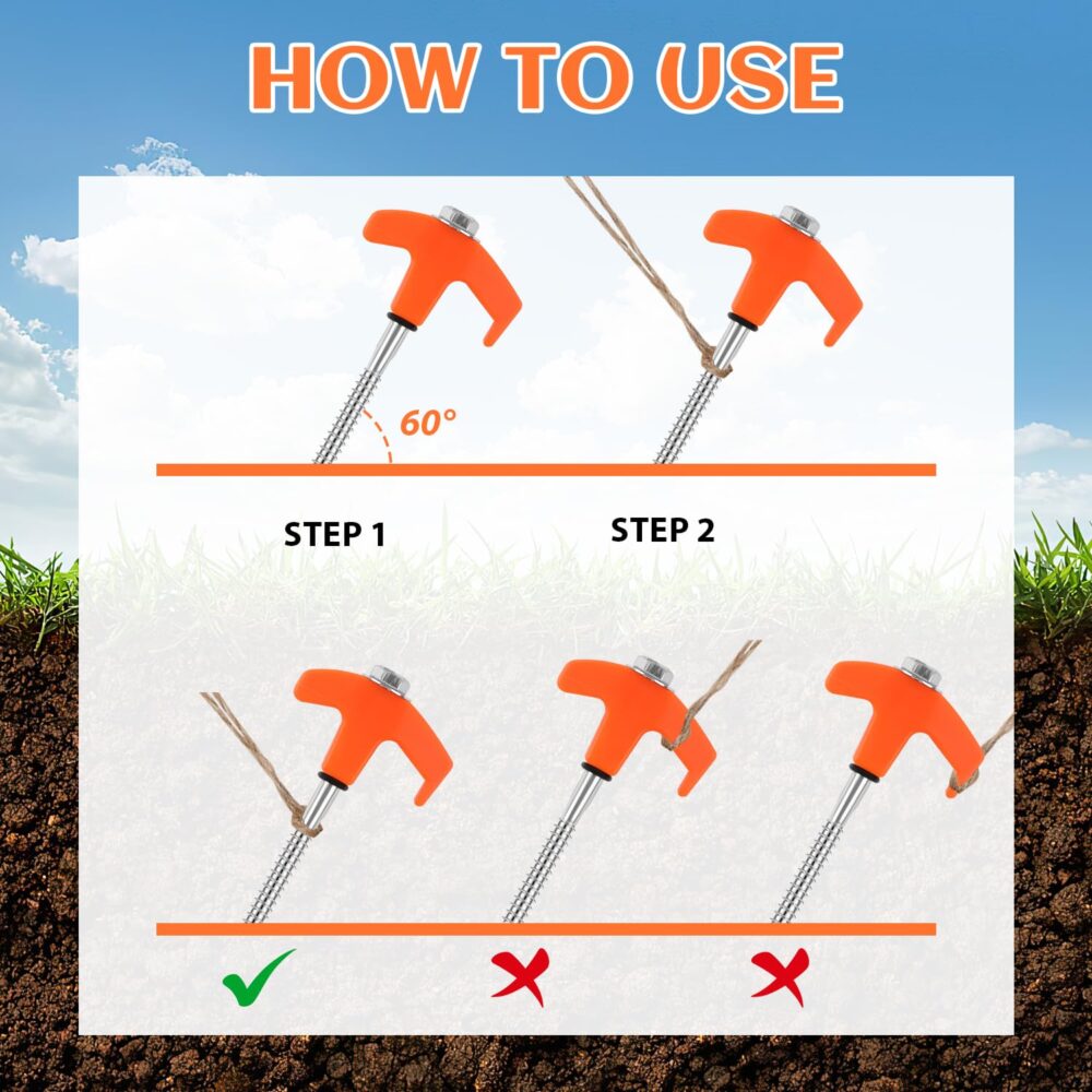 8" Screw in Tent Stakes 4PCS - Ground Anchors Screw in, Screw in Tent Stakes Heavy Duty, Galvanized - Tent Pegs Camping Stakes, Metal Threaded Tent Spikes with Hex Head Driver and Storage Bags - Image 3