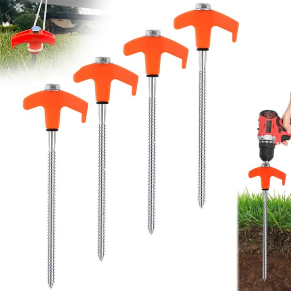 8" Screw in Tent Stakes 4PCS - Ground Anchors Screw in, Screw in Tent Stakes Heavy Duty, Galvanized - Tent Pegs Camping Stakes, Metal Threaded Tent Spikes with Hex Head Driver and Storage Bags
