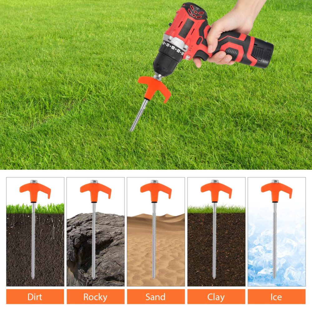 8" Screw in Tent Stakes 4PCS - Ground Anchors Screw in, Screw in Tent Stakes Heavy Duty, Galvanized - Tent Pegs Camping Stakes, Metal Threaded Tent Spikes with Hex Head Driver and Storage Bags - Image 7