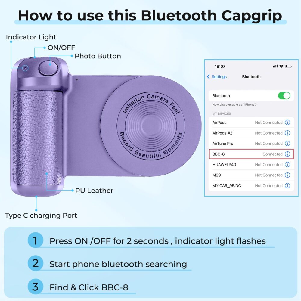 Magnetic Camera Handle Bluetooth Bracket Smartphone Handle Photo Holder Wireless Charging Stand Phone Hand Grip with Magsafe Bluetooth Wireless Remote Control for Video Photo Shooting - Image 13
