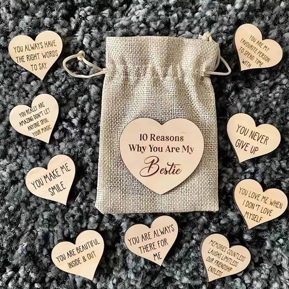 10 Reasons Why You are My Bestie Jute Bag with Hearts, Unique Wooden Heart Shaped Ornament, Best Gift for Friend