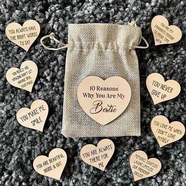 10 Reasons Why You are My Bestie Jute Bag with Hearts, Unique Wooden Heart Shaped Ornament, Best Gift for Friend